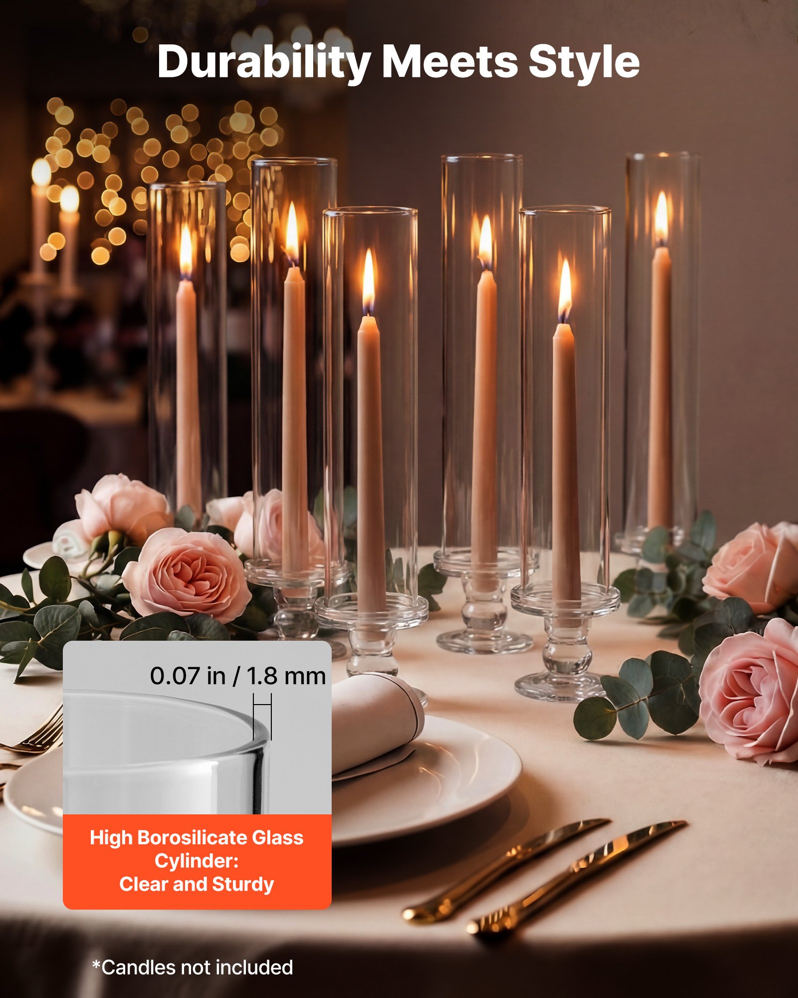 VEVOR Juego de 24 Portavelas de Cristal Hurricane, Portavelas de Vidrio Cilíndricos Altos, Altura 350 mm, Diámetro 65 mm, Vidrio de Borosilicato, para Decoración, Centros de Mesa y Bodas, Transparente