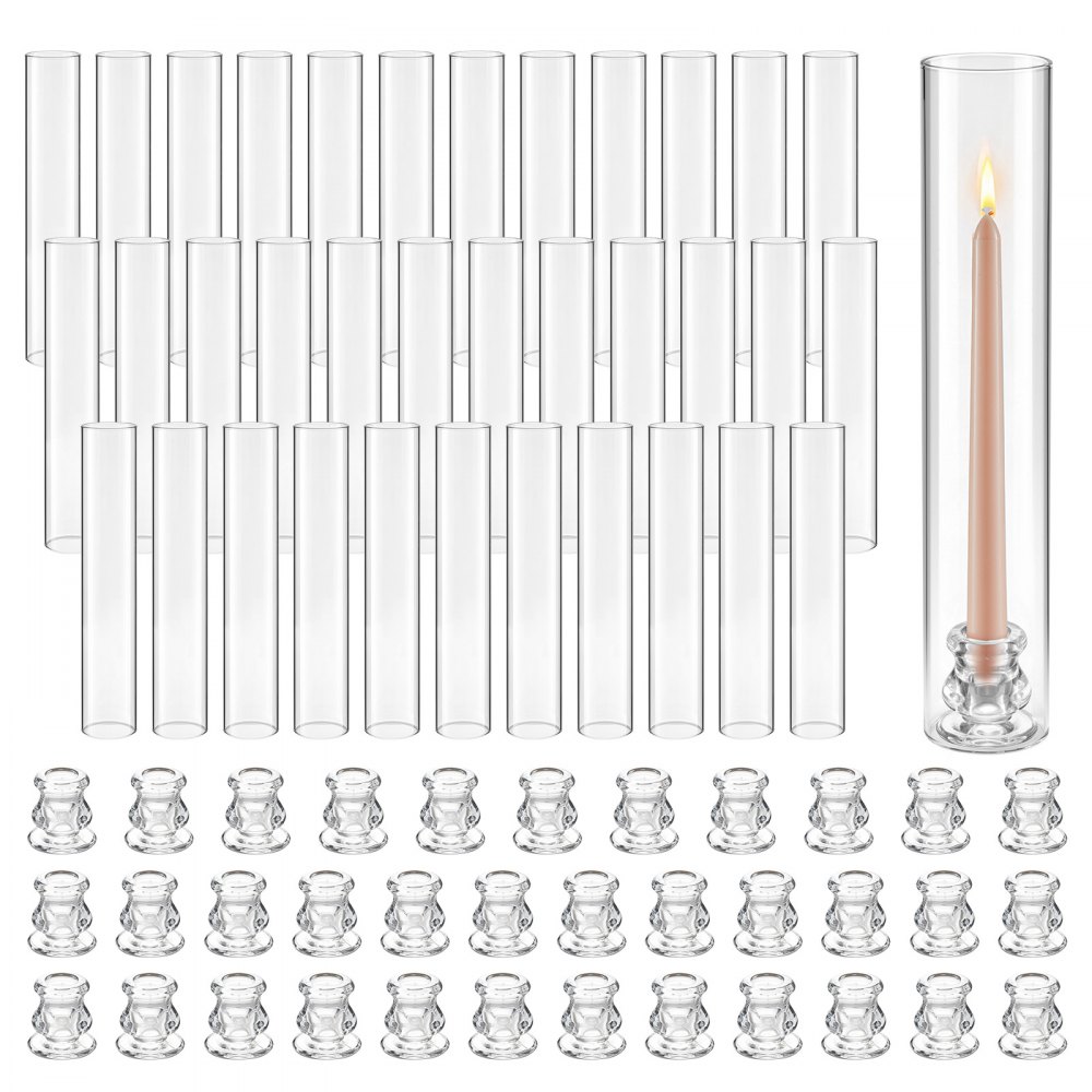 VEVOR Juego de 36 Portavelas de Cristal Hurricane, Portavelas de Vidrio Cilíndricos Altos, Diámetro 65 mm, Altura 350 mm, Vidrio de Borosilicato, para Centros de Mesa, Bodas y Decoración, Transparente