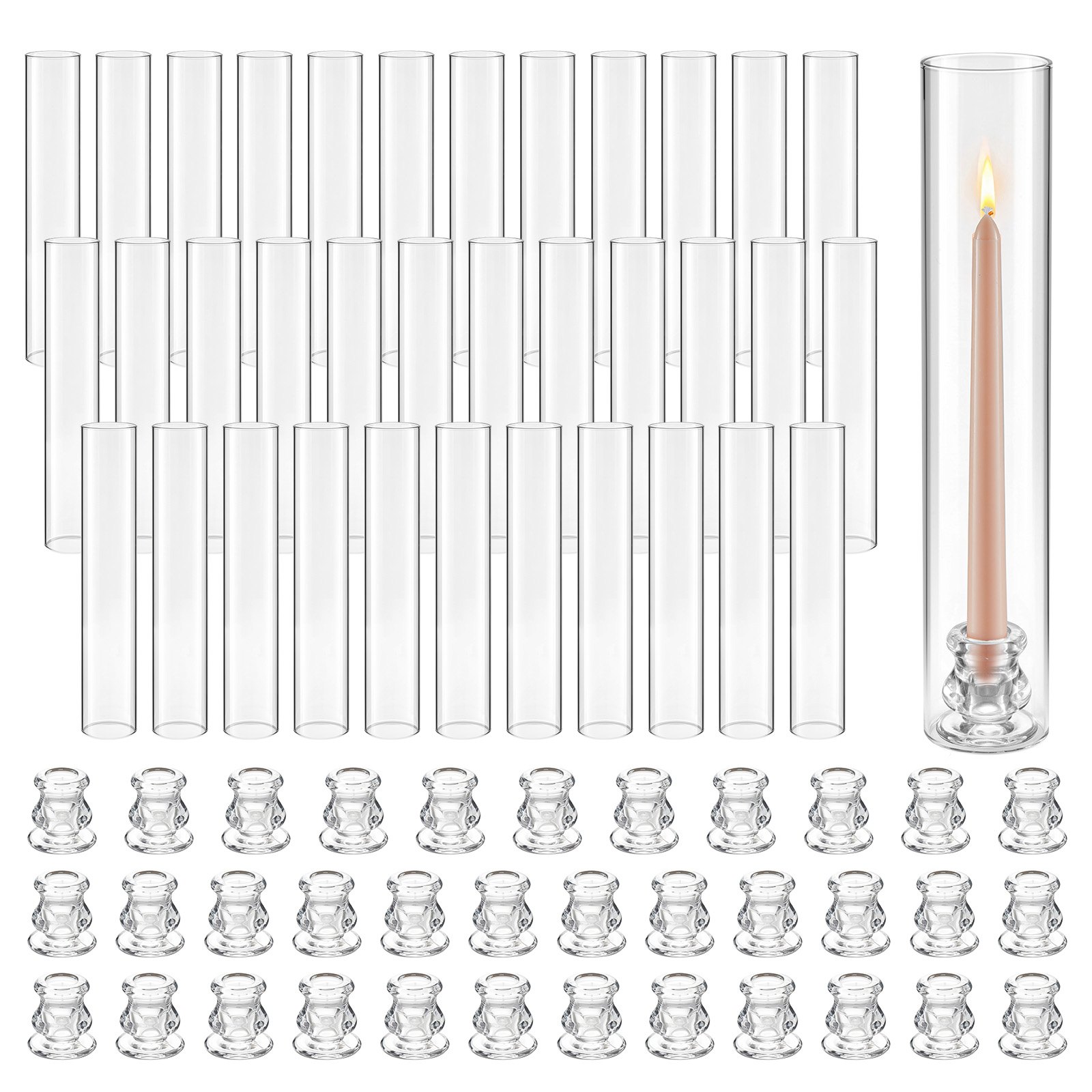 VEVOR Juego de 36 Portavelas de Cristal Hurricane, Portavelas de Vidrio Cilíndricos Altos, Diámetro 65 mm, Altura 350 mm, Vidrio de Borosilicato, para Centros de Mesa, Bodas y Decoración, Transparente