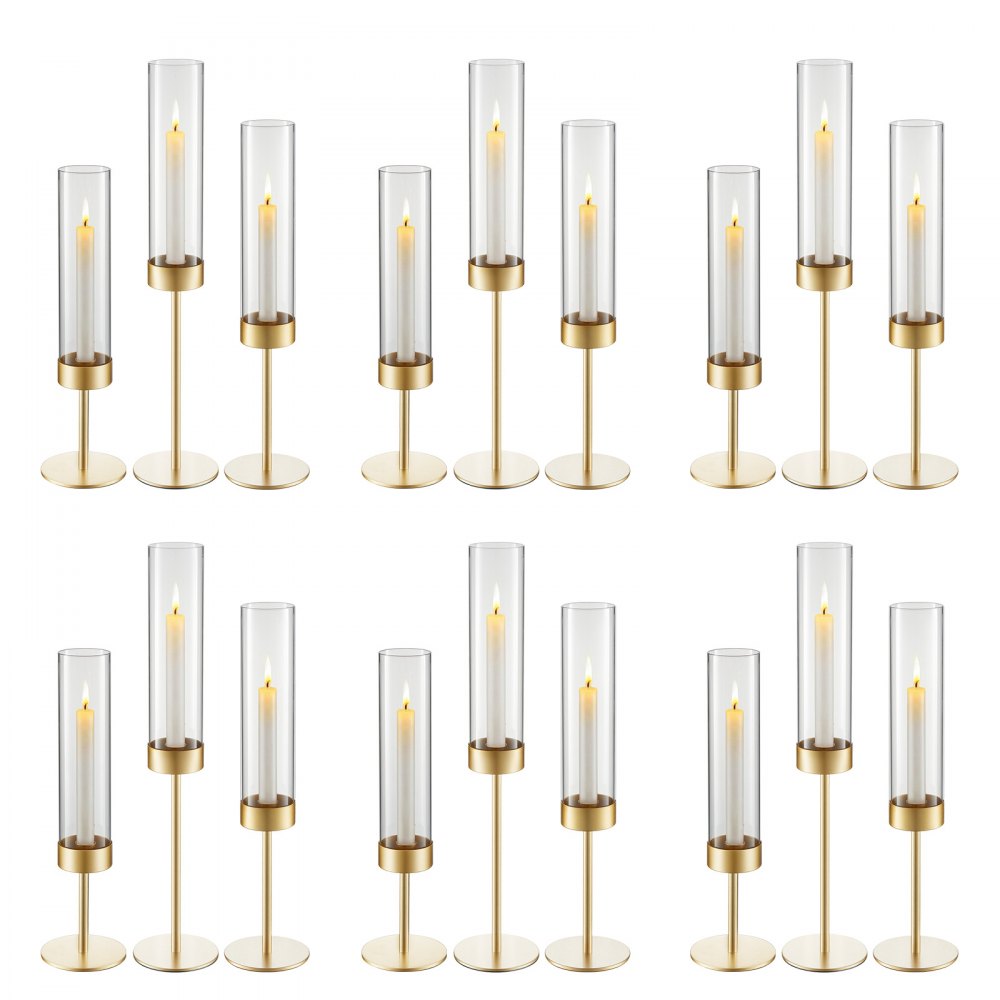 VEVOR Juego de 18 Portavelas de Cristal Hurricane con Soporte de Metal Dorado, Cilindros de Vidrio Transparente, Altura 250 mm, Diámetro 60 mm para Centros de Mesa, Decoración de Bodas, Eventos, Hogar
