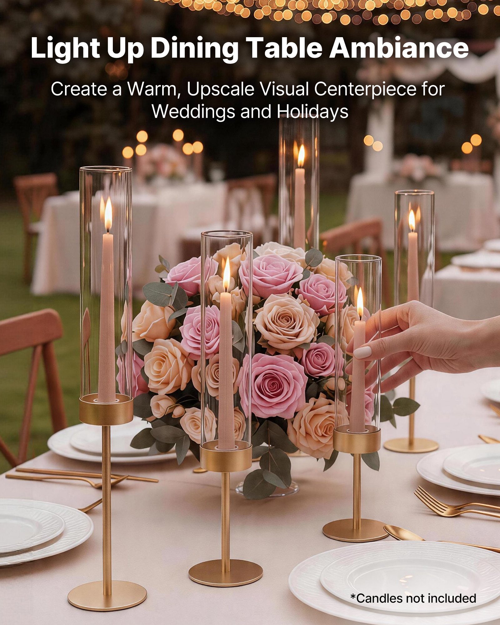 VEVOR Juego de 18 Portavelas de Cristal Hurricane con Soporte de Metal Dorado, Cilindros de Vidrio Transparente, Altura 250 mm, Diámetro 60 mm para Centros de Mesa, Decoración de Bodas, Eventos, Hogar