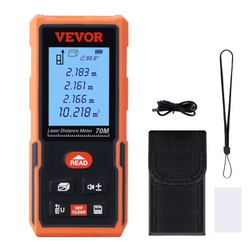 VEVOR Medidor Láser 70 m Telémetro Láser Precisión 1,5 mm Medidor Láser de Distancia con Almacenamiento de 99 Grupos, ft/m/in/ft+in con Pantalla LCD Retroiluminada de 2" Mide Distancia, Área y Volumen