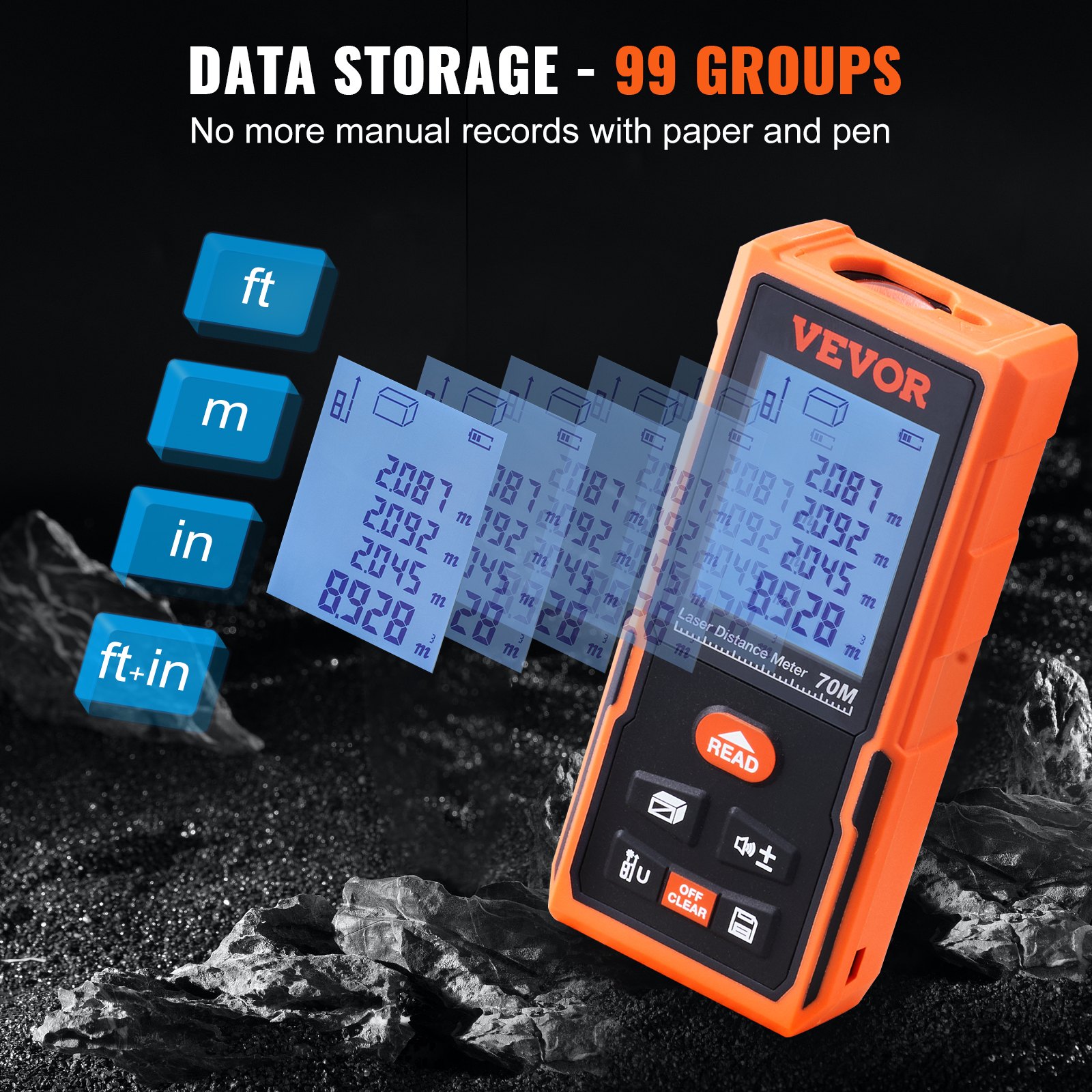 Medidor láser VEVOR que muestra capacidad de almacenamiento de datos para 99 grupos, con opciones en pies, m, pulgadas y pies + pulgadas.