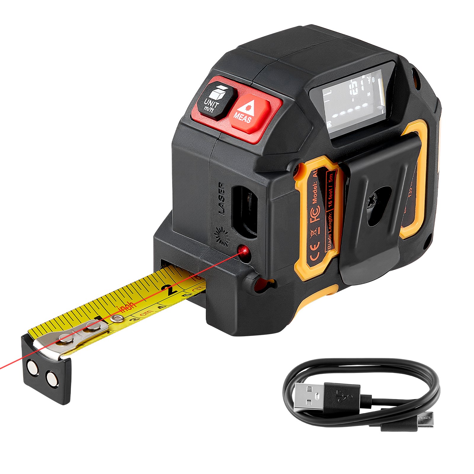 VEVOR 2-in-1 Laser Measuring Tape, 41 m Rechargeable Laser Measuring Tool & 4.8 m Magnetic Tape Measure, Retractable Measuring Tape with 4 Modes – Length, Area, Volume, Continuous, ft/in/m/ft+in Unit