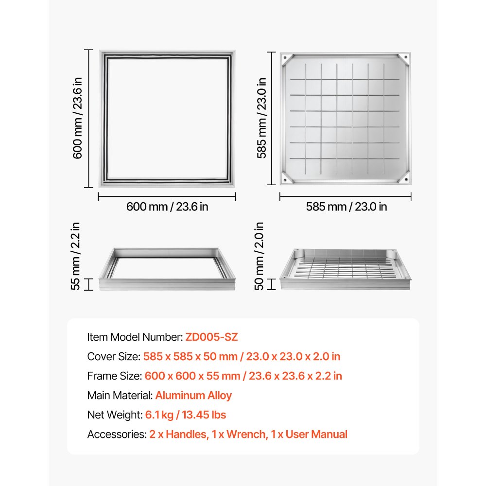 VEVOR Tapa de Alcantarilla Empotrada con Marco de Aleación de Aluminio, Tapa de Cisterna Cuadrada 60 x 60 cm, Cubierta de Inspección de Canal de Drenaje Integrada para Pavimentos, Jardines, Patios