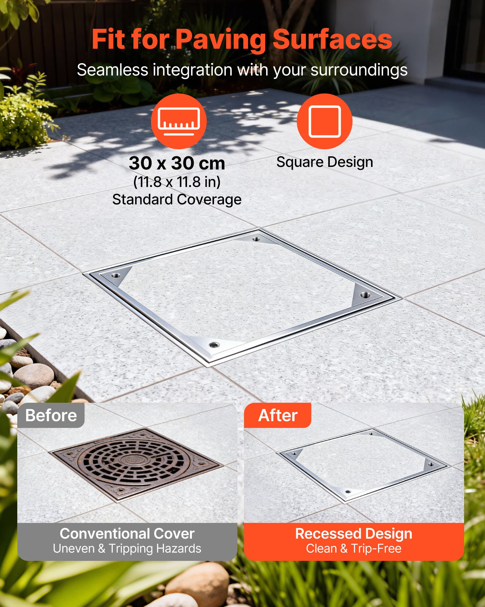 VEVOR Tapa de Alcantarilla Empotrada con Marco de Aleación de Aluminio, Tapa de Cisterna Cuadrada 30 x 30 cm, Cubierta de Inspección de Canal de Drenaje Integrada para Pavimentos, Jardines, Patios