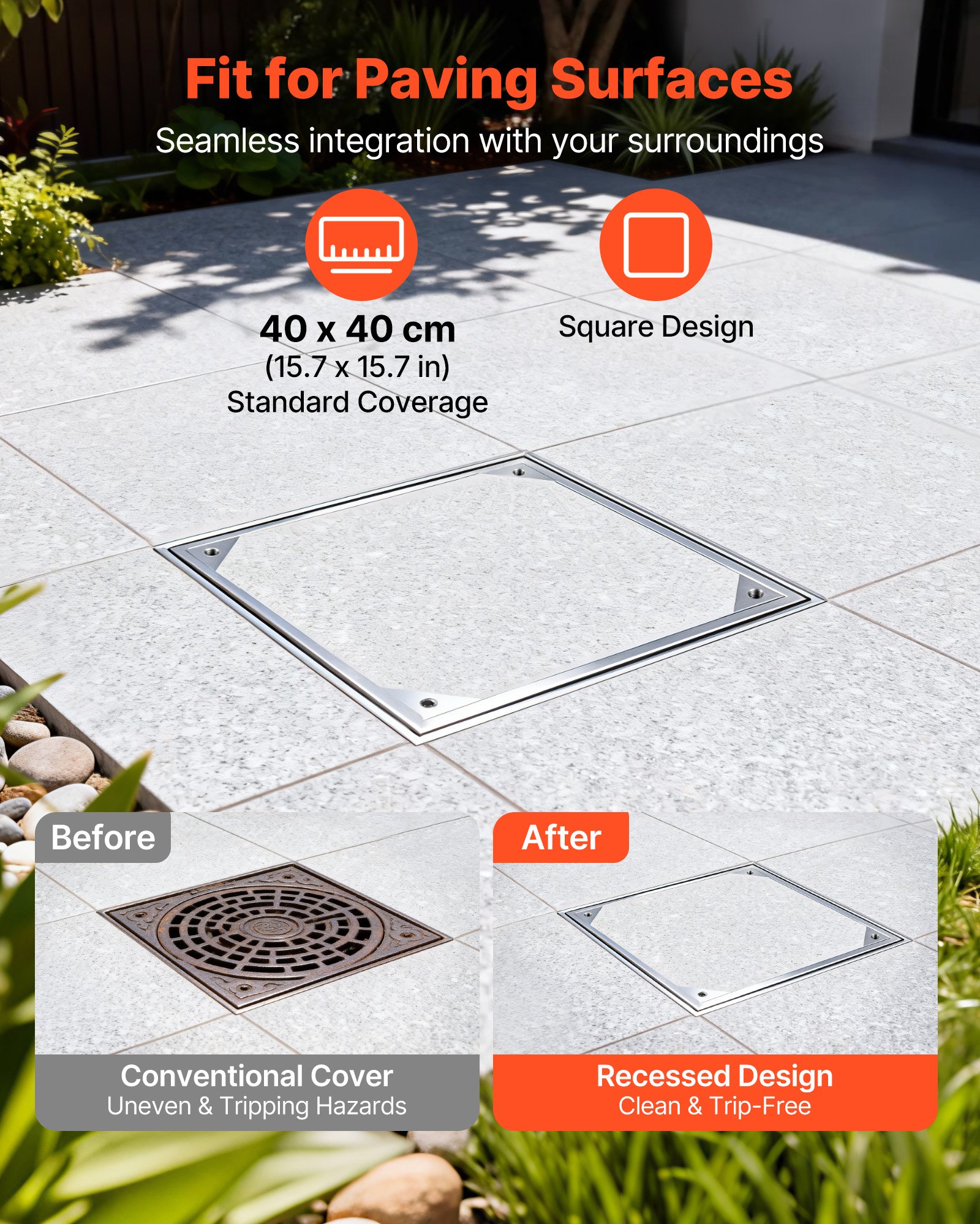 VEVOR Tapa de Alcantarilla Empotrada con Marco de Aleación de Aluminio, Tapa de Cisterna Cuadrada 40 x 40 cm, Cubierta de Inspección de Canal de Drenaje Integrada para Pavimentos, Jardines, Patios