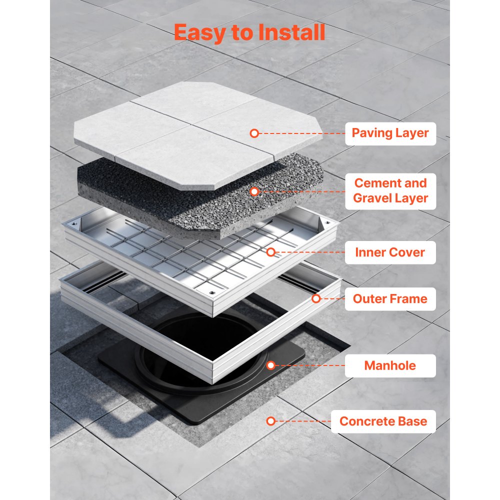 VEVOR Tapa de Alcantarilla Empotrada con Marco de Aleación de Aluminio, Tapa de Cisterna Cuadrada 50 x 50 cm, Cubierta de Inspección de Canal de Drenaje Integrada para Pavimentos, Jardines, Patios