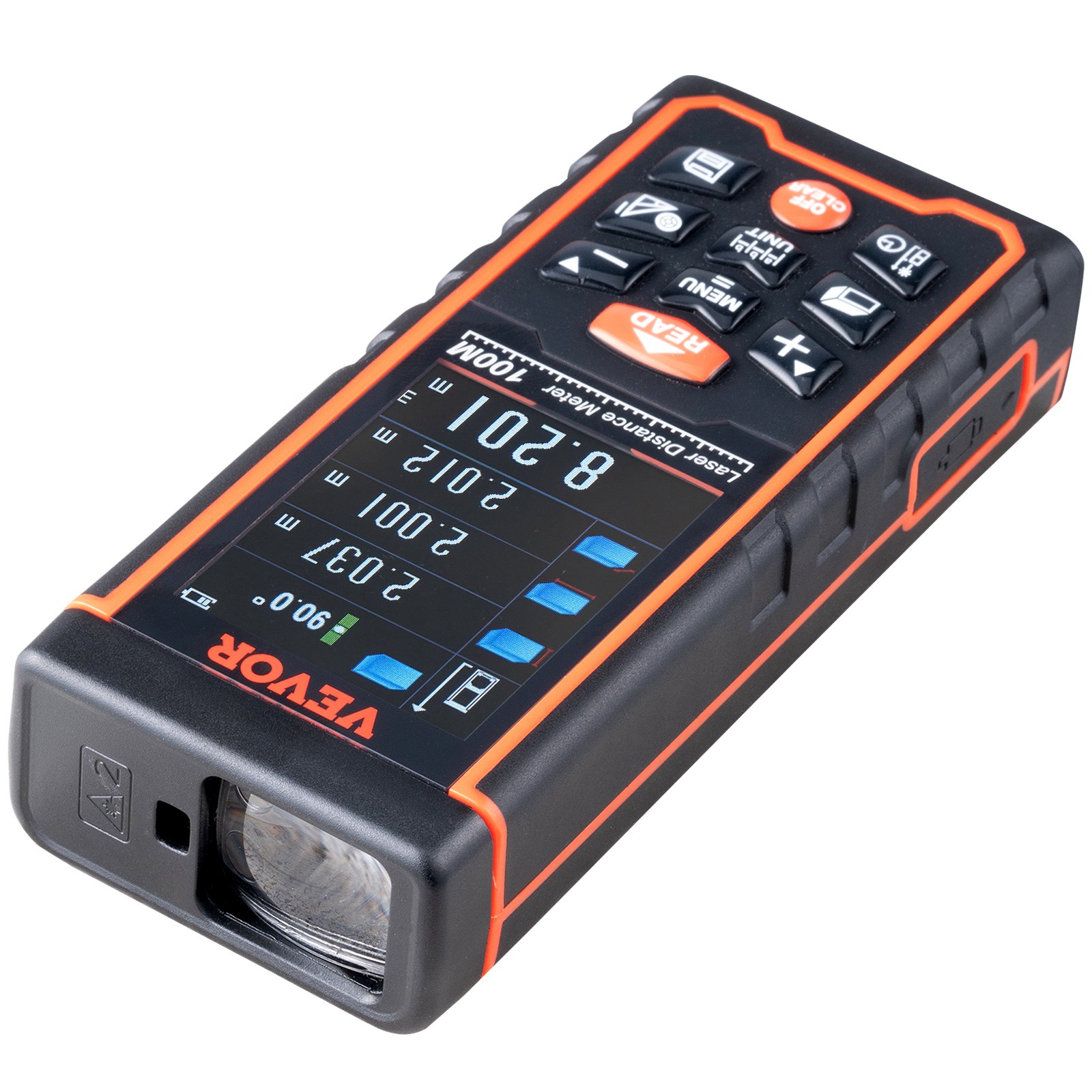 Medidor láser VEVOR con pantalla digital, múltiples botones y carcasa negra y naranja.