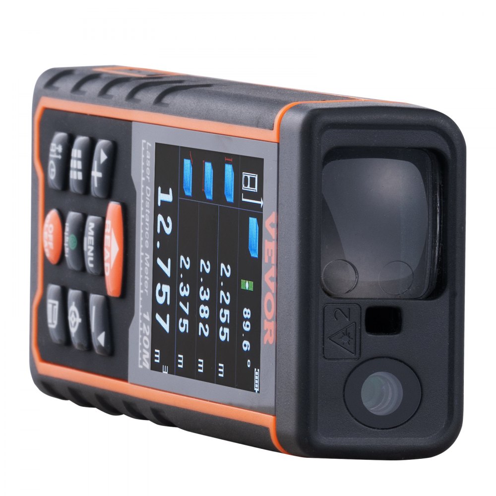 Dispositivo de medición láser VEVOR con pantalla digital y botones de medición, con un diseño resistente en color negro y naranja.