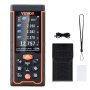 Medidor láser VEVOR con pantalla LCD, estuche, cable USB, correa de muñeca y tarjeta de medición.
