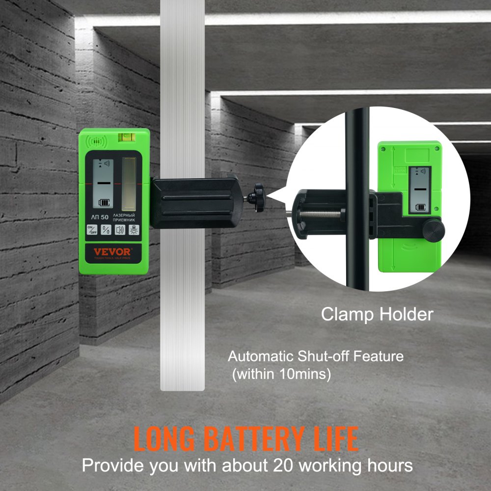 VEVOR Receptor Láser para Nivel Láser Alcance de 60m Detector Láser Verde Haz Rojo para Láseres de Línea Pulsada Señal de Sonido Ajustable Pantalla LCD Dual Nivel de Burbuja Incorporado con Abrazadera