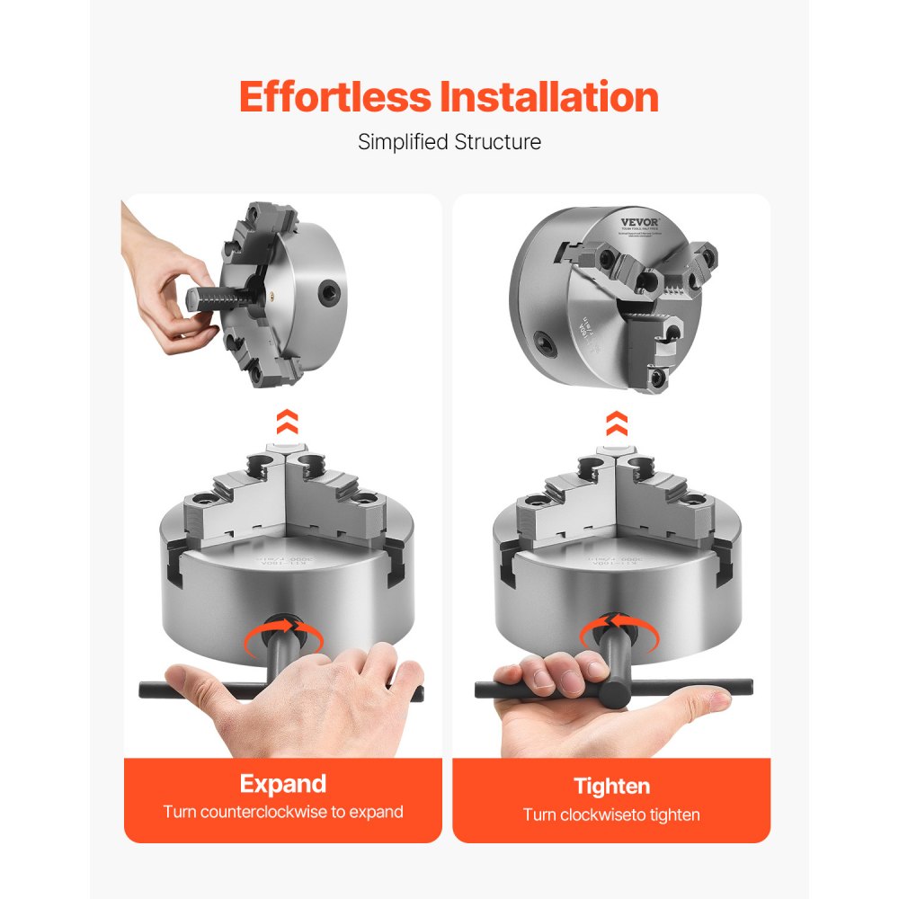 VEVOR Mandril de Torno de 3 Mordazas Diámetro Exterior de 160 mm Autocentrante con Placa de Soporte Roscada, Rango de Sujeción de 3-145 mm con Tornillos de Llave en T para Torno de Madera y Metal