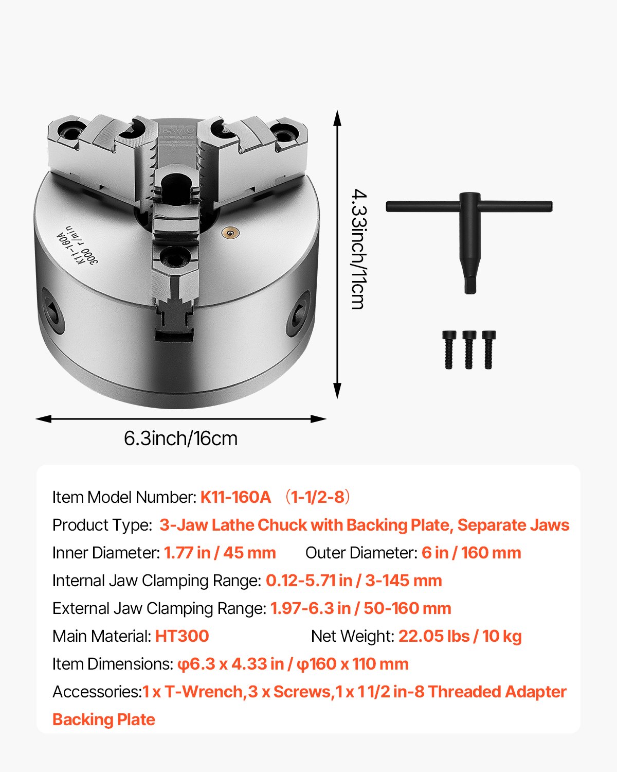 VEVOR Mandril de Torno de 3 Mordazas Diámetro Exterior de 160 mm Autocentrante con Placa de Soporte Roscada, Rango de Sujeción de 3-145 mm con Tornillos de Llave en T para Torno de Madera y Metal