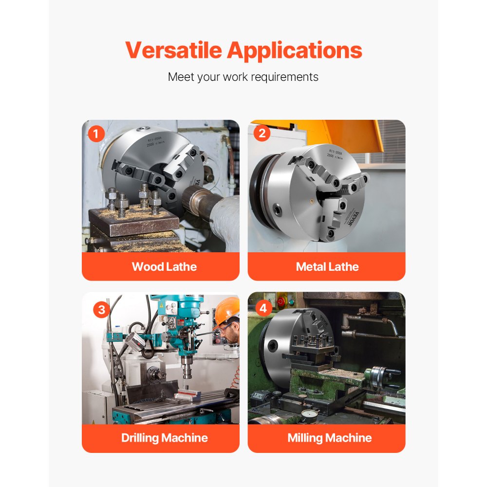VEVOR 3-jaw lathe chuck, φ200 mm, chuck with 57.15 mm 8-threaded carrier plate, 4-200 mm clamping range with T-bolts, HT300 material, for wood/metal lathes