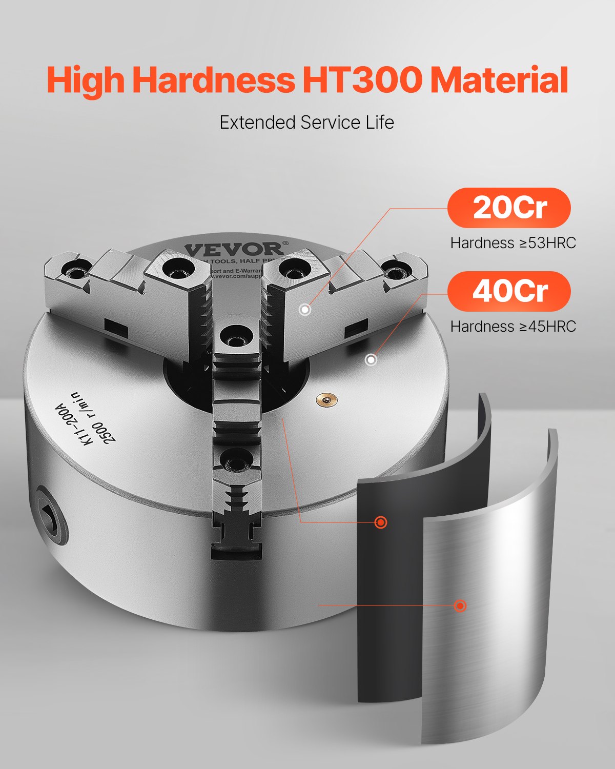 VEVOR 3-jaw lathe chuck, φ200 mm, chuck with 57.15 mm 8-threaded carrier plate, 4-200 mm clamping range with T-bolts, HT300 material, for wood/metal lathes