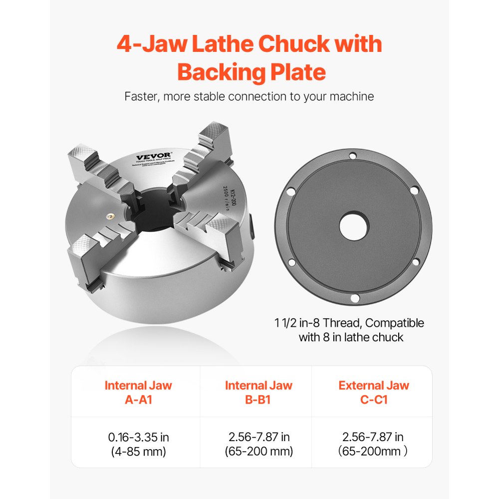 VEVOR 4-jaw chuck, φ200 mm, self-centering chuck with 38.1 mm 8 threaded insert plate, 4-200 mm clamping range with T-bolts, HT300 material, for wood/metal lathes