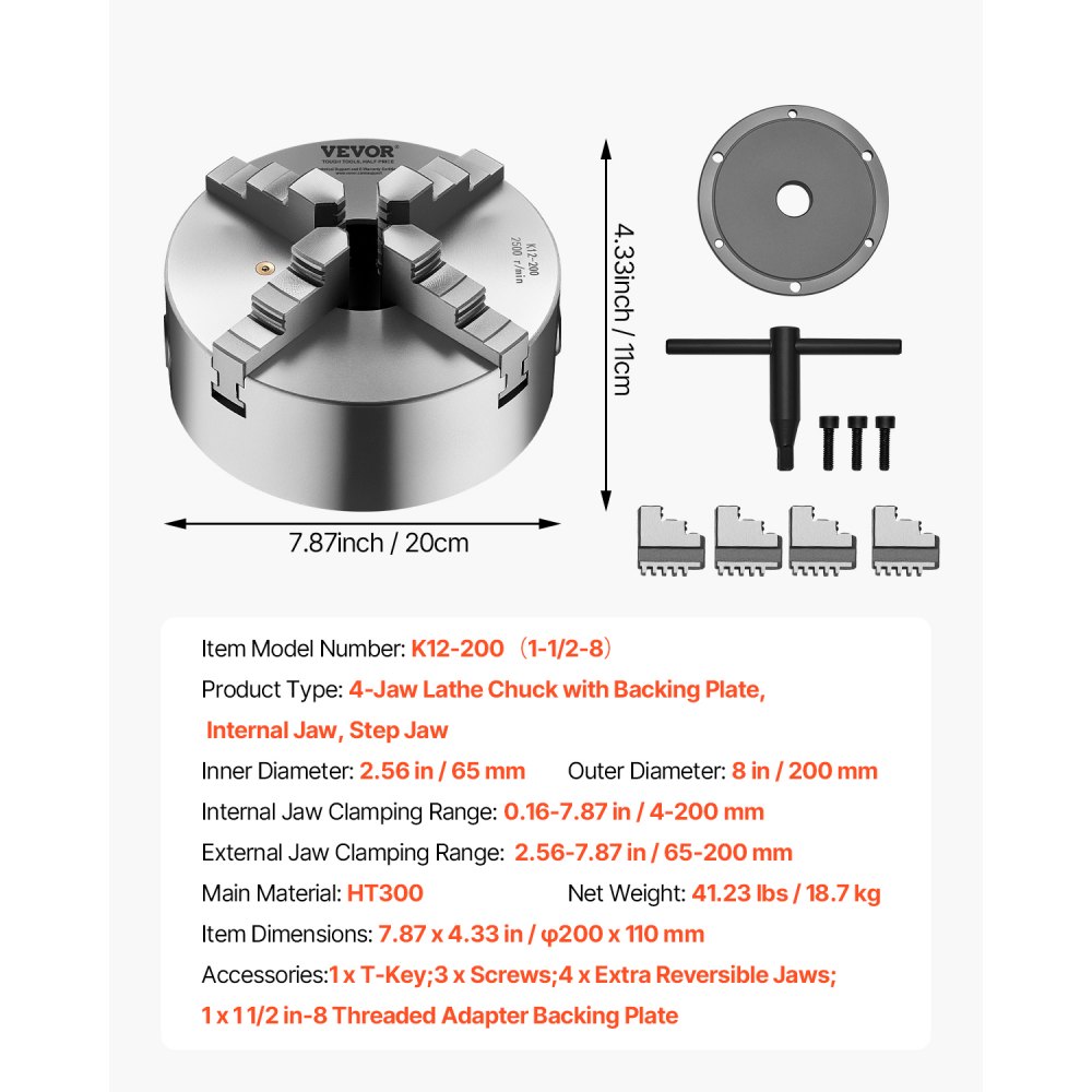 VEVOR Mandril de Torno de 4 Mordazas Diámetro Exterior de 200 mm, Autocentrante con Placa de Soporte Roscada, Rango de Sujeción de 4-200 mm con Tornillos de Llave en T para Torno de Madera y Metal