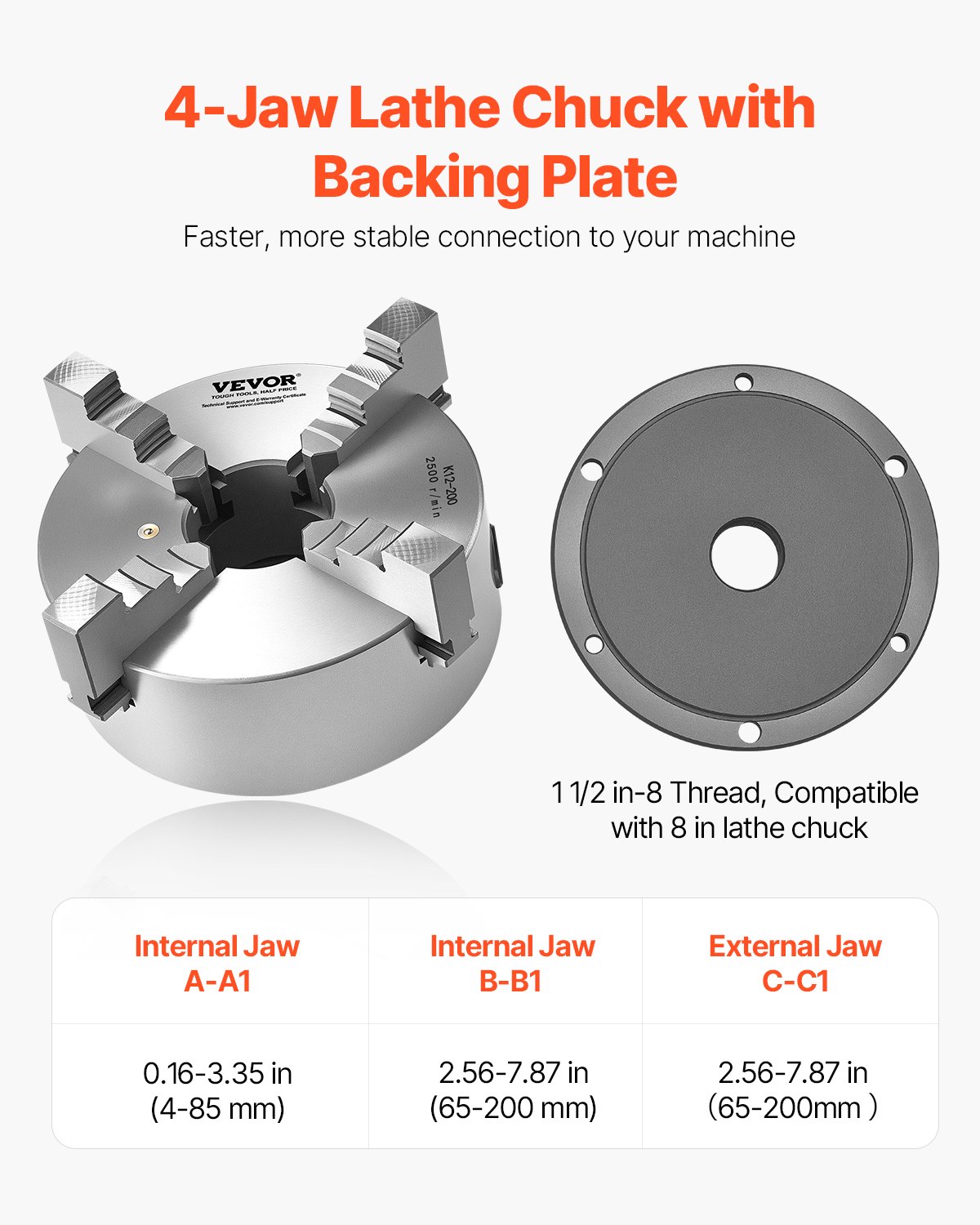 VEVOR Mandril de Torno de 4 Mordazas Diámetro Exterior de 200 mm, Autocentrante con Placa de Soporte Roscada, Rango de Sujeción de 4-200 mm con Tornillos de Llave en T para Torno de Madera y Metal