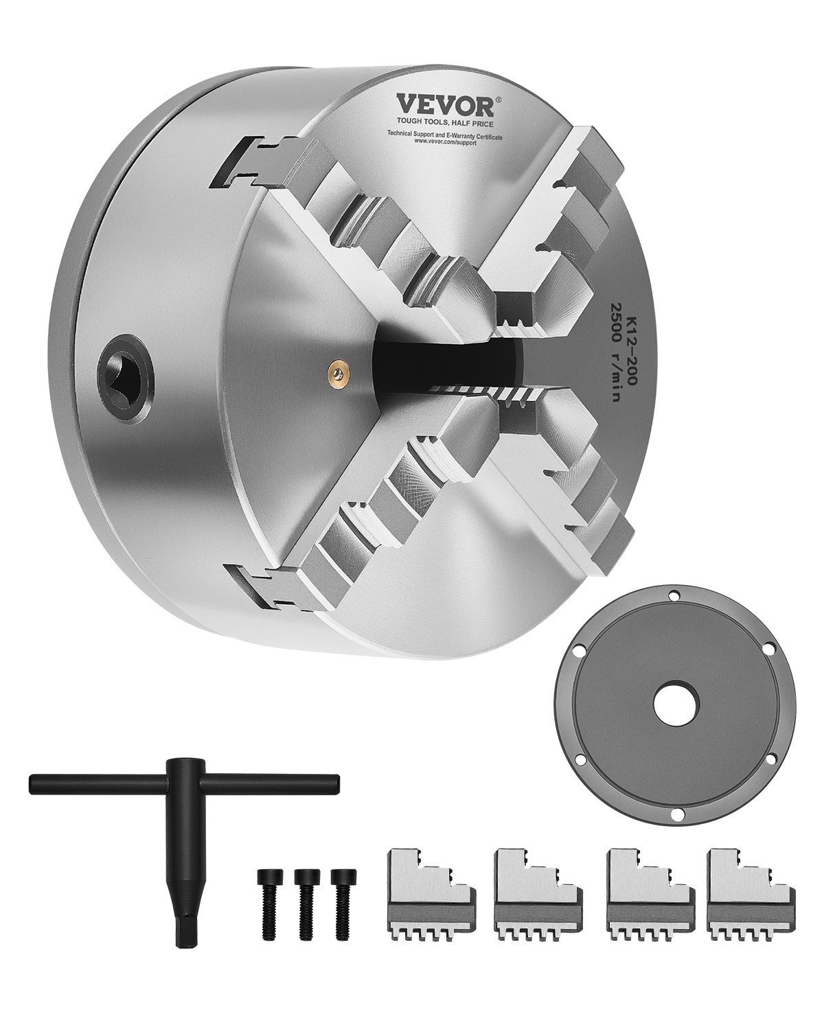 VEVOR Mandril de Torno de 4 Mordazas Diámetro Exterior de 200 mm, Autocentrante con Placa de Soporte Roscada, Rango de Sujeción de 4-200 mm con Tornillos de Llave en T para Torno de Madera y Metal