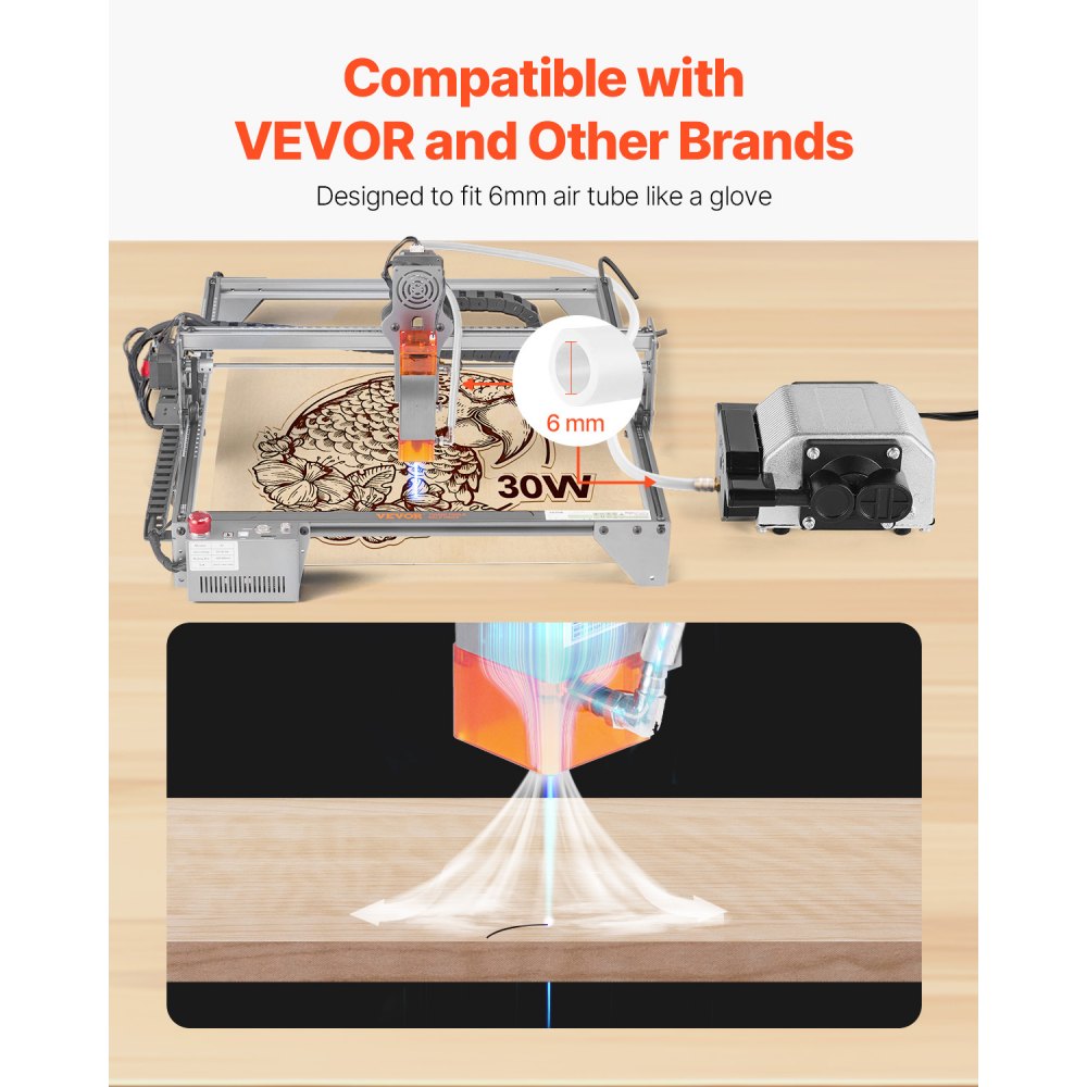 VEVOR Kit de Bomba de Asistencia de Aire para Cortadora y Grabadora Láser, Flujo de Aire Ajustable de 30 L/min, Elimina Humo y Polvo, Reduce la Temperatura de la Superficie, Protege la Lente Láser
