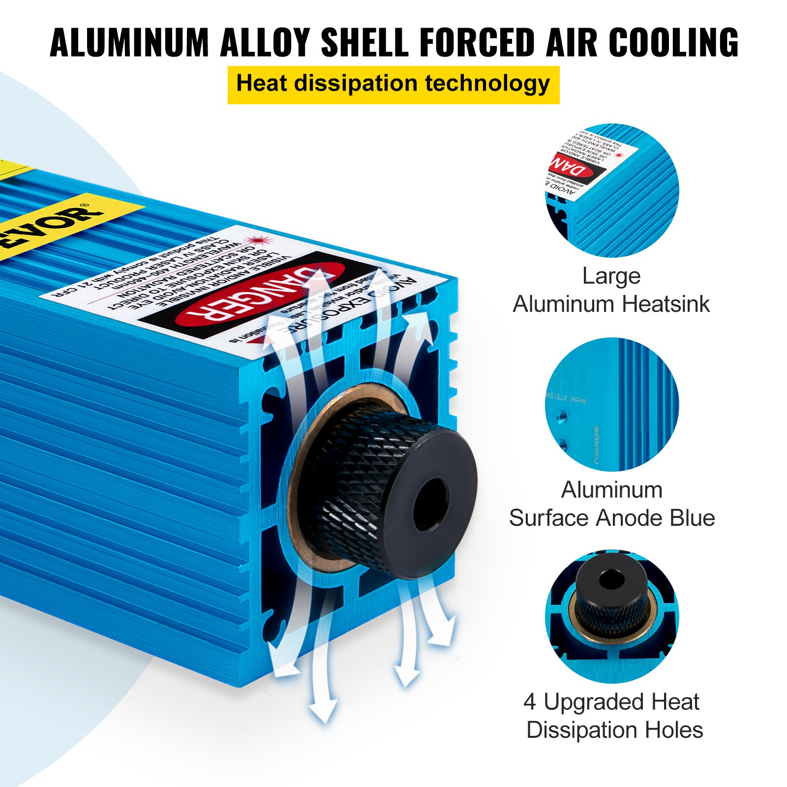 VEVOR Kit de Módulo de Cabezal Láser de 15000 mw, Kit de Módulo Láser Azul Longitud de Onda 450 nm (Azul), Neje Láser 12 V/1 A DC, Cabezal Láser CNC Aluminia Apoyo PWM / TTL con Accesorios Completos