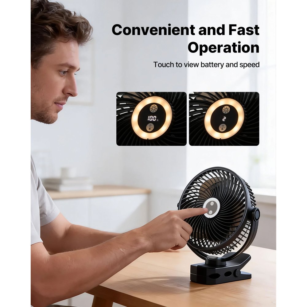 VEVOR Ventilador Portátil con Clip con Luz LED 2 Niveles, Batería 37 Wh, 4 Velocidades 3 Fijas y 1 Modo de Circulación, Control Táctil, Ventilador con Pinza USB-C para Viaje Camping Escritorio Oficina
