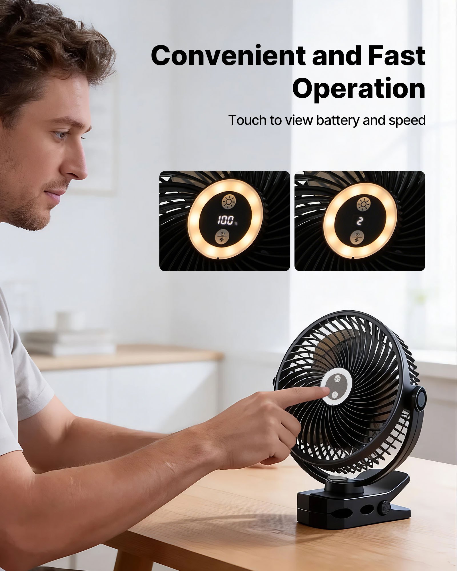 VEVOR Ventilador Portátil con Clip con Luz LED 2 Niveles, Batería 37 Wh, 4 Velocidades 3 Fijas y 1 Modo de Circulación, Control Táctil, Ventilador con Pinza USB-C para Viaje Camping Escritorio Oficina