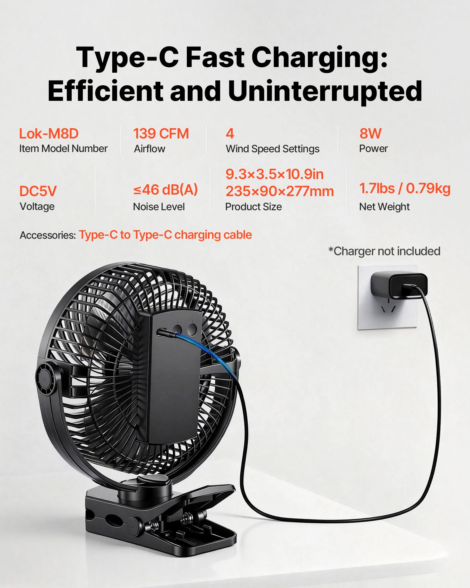 VEVOR Ventilador Portátil con Clip con Luz LED 2 Niveles, Batería 37 Wh, 4 Velocidades 3 Fijas y 1 Modo de Circulación, Control Táctil, Ventilador con Pinza USB-C para Viaje Camping Escritorio Oficina