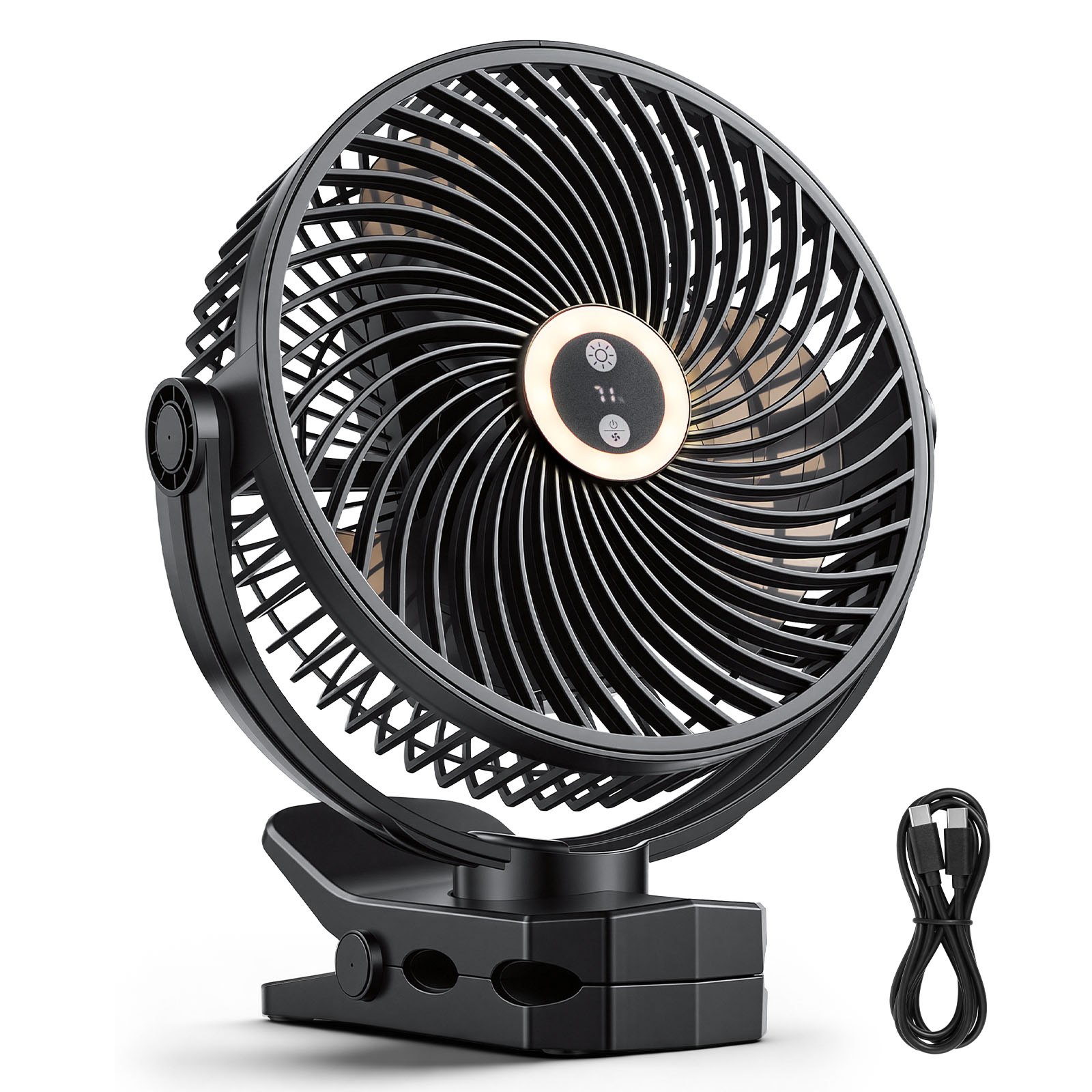 VEVOR Ventilador Portátil con Clip con Luz LED 2 Niveles, Batería 37 Wh, 4 Velocidades 3 Fijas y 1 Modo de Circulación, Control Táctil, Ventilador con Pinza USB-C para Viaje Camping Escritorio Oficina