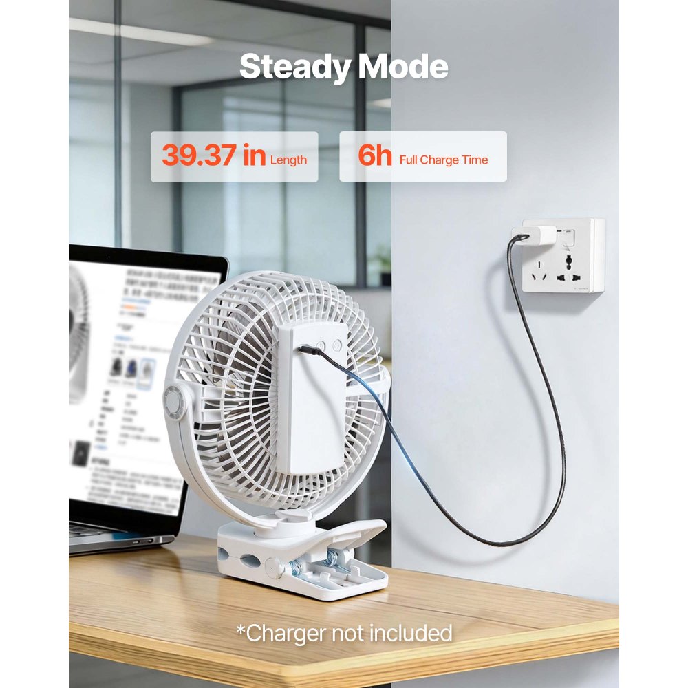 VEVOR Ventilador Portátil con Clip Batería Doble, 4 Velocidades 3 Fijas y 1 Modo de Circulación, Ventilador con Pinza hasta 139 CFM Motor de Cobre USB-C Cable 1 m para Escritorio Oficina Viaje Camping