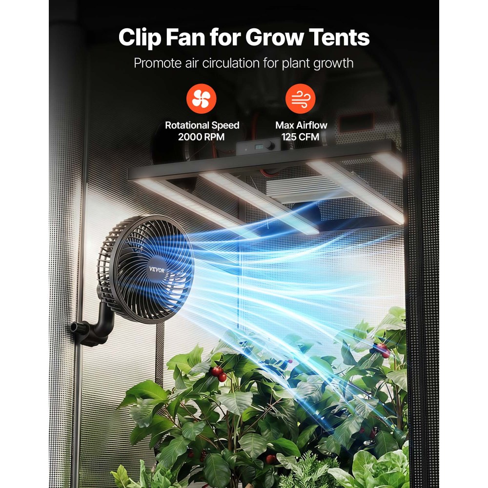 VEVOR Ventilador con Clip de Cultivo Paquete de 2, Type-C, Doble Motor, 10 Velocidades 9 Fijas y 1 Modo Circulación, Cable 1,5 m, Ventilador con Clip Oscilante 125 CFM para Plantas Invernadero Interior