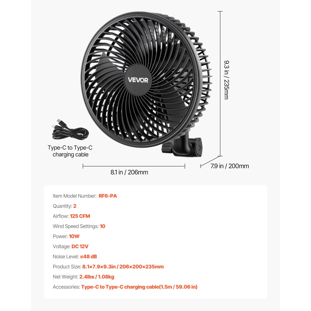 VEVOR Ventilador con Clip de Cultivo Paquete de 2, Type-C, Doble Motor, 10 Velocidades 9 Fijas y 1 Modo Circulación, Cable 1,5 m, Ventilador con Clip Oscilante 125 CFM para Plantas Invernadero Interior