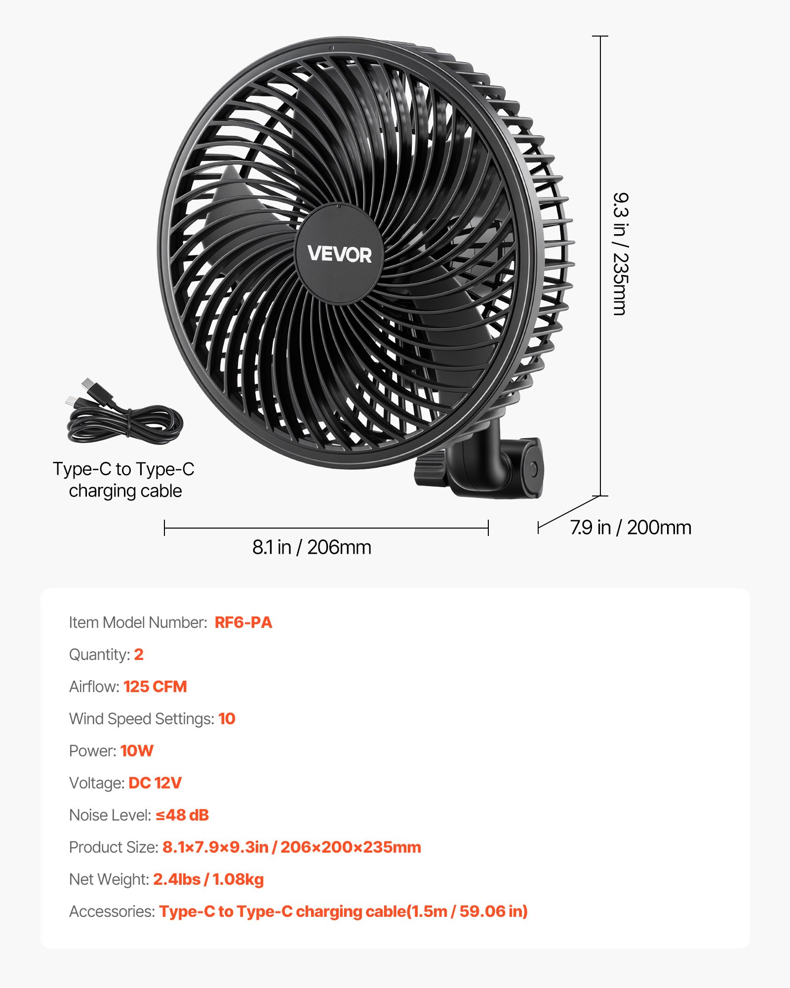 VEVOR Ventilador con Clip de Cultivo Paquete de 2, Type-C, Doble Motor, 10 Velocidades 9 Fijas y 1 Modo Circulación, Cable 1,5 m, Ventilador con Clip Oscilante 125 CFM para Plantas Invernadero Interior