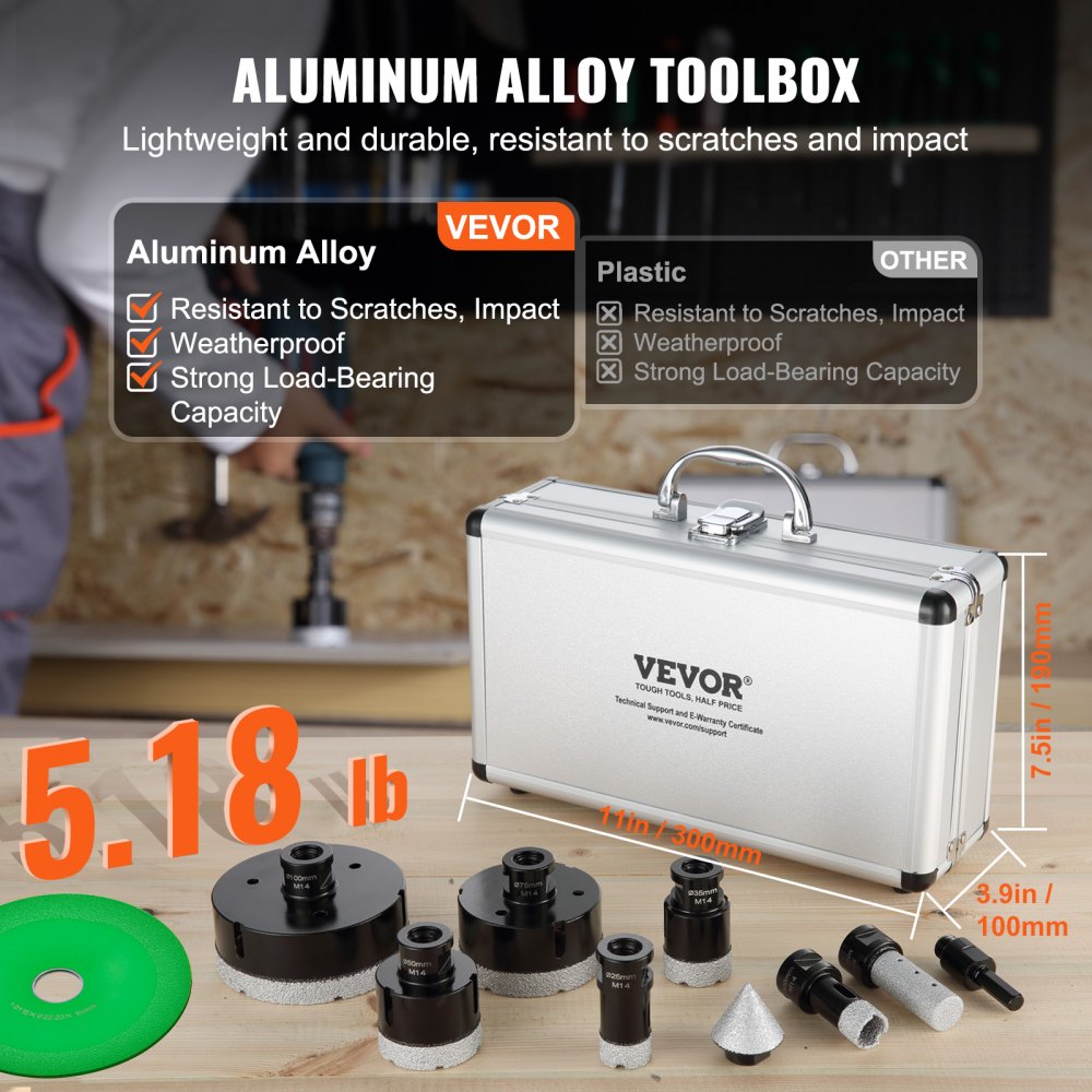 VEVOR Juego de 6 brocas de diamante 20/25/35/50/75/100 mm, kit de sierra perforadora con cortador de dedos, hoja de sierra cónica y estuche para brocas para azulejos secos y húmedos