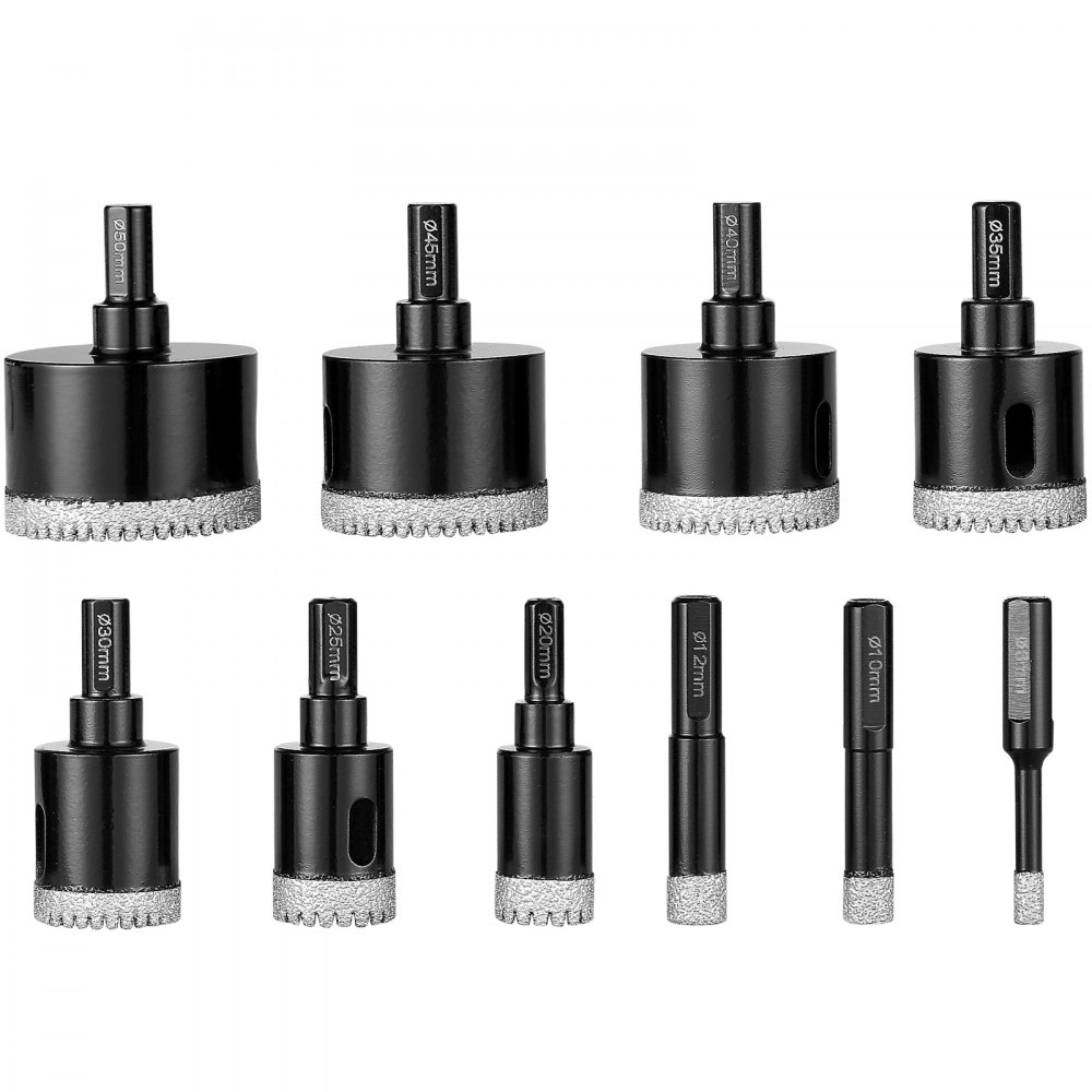 VEVOR 10 brocas de diamante de 6/10/12/20/25/30/35/40/45/50 mm, kit de sierra perforadora para seco y húmedo, vástago triangular, con estuche de almacenamiento, brocas para azulejos DIY