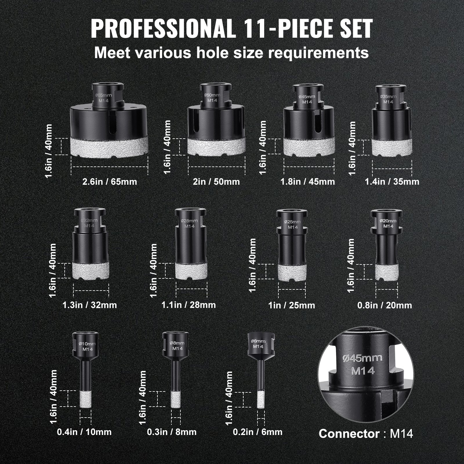 VEVOR Juego de 11 brocas de diamante de 6/8/10/20/25/28/32/35/45/50/65 mm, kit de sierra perforadora con conector M14 y estuche de almacenamiento para brocas para azulejos secos y húmedos de cerámica