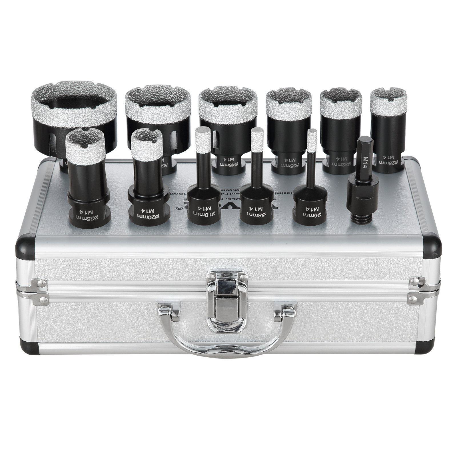 VEVOR Juego de 11 brocas de diamante de 6/8/10/20/25/28/32/35/45/50/65 mm, kit de sierra perforadora con conector M14 y estuche de almacenamiento para brocas para azulejos secos y húmedos de cerámica