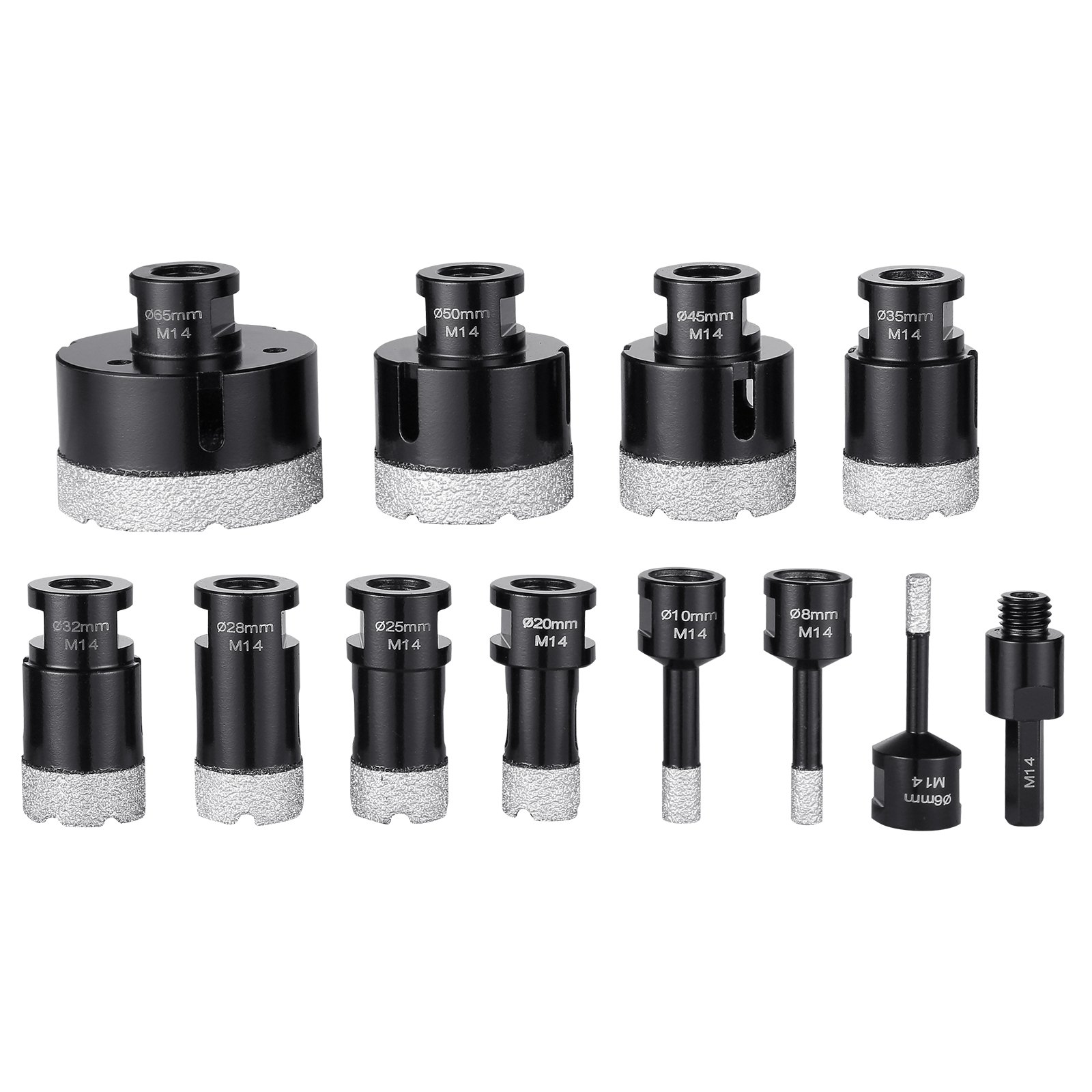 VEVOR Juego de 11 brocas de diamante de 6/8/10/20/25/28/32/35/45/50/65 mm, kit de sierra perforadora con conector M14 y estuche de almacenamiento para brocas para azulejos secos y húmedos de cerámica