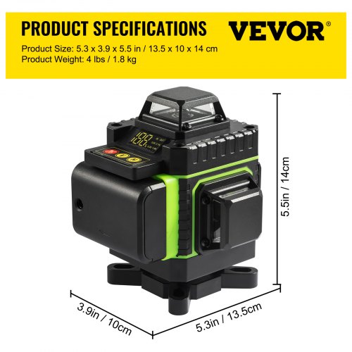 VEVOR 16 Líneas Nivel Láser Autonivelación 4x360 grados Nivel Láser de Línea Cruzada con Luz Verde 13,5 x 14 x 10 cm Nivel Láser Líneas con Control Remoto, Modo Automático y Manual, Clasificación IP54