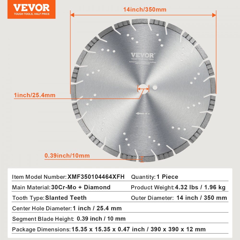 VEVOR Disco de Corte de Diamante 350 mm Disco de Diamante Húmedo o Seco Hoja de Sierra con Dientes Inclinados 10 mm Diámetro del Orificio Central Universal 25,4 mm Para Hormigón, Azulejos, Ladrillo
