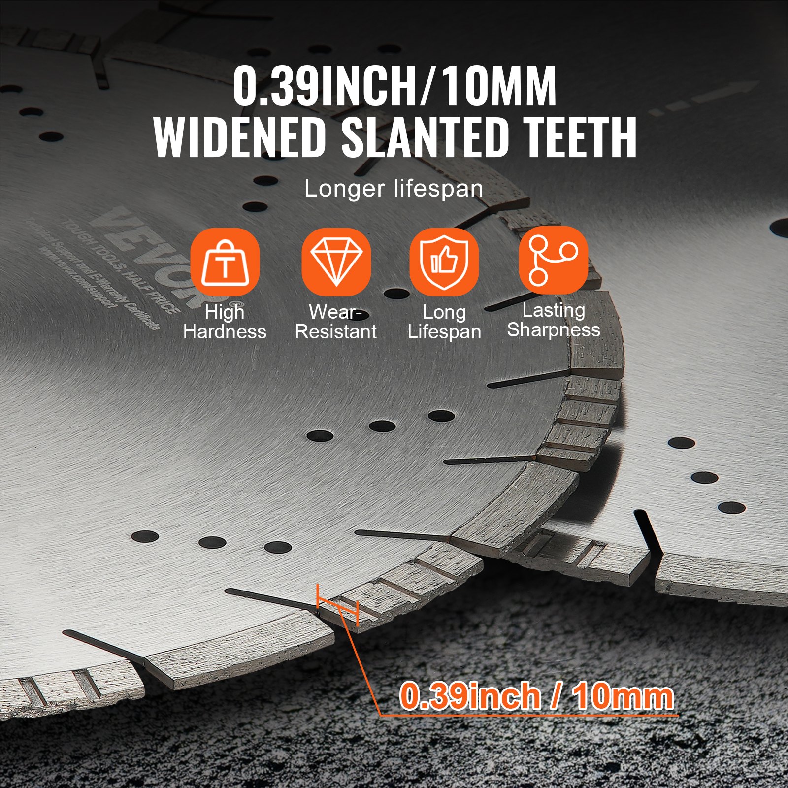 VEVOR diamond cutting disc, 14 inch/350 mm concrete saw blade for wet or dry work, 0.39 inch/10 mm diamond segment cutting disc with angled teeth, universal center hole diameter 1 inch/25.4 mm, for concrete, cement boards, tiles, bricks