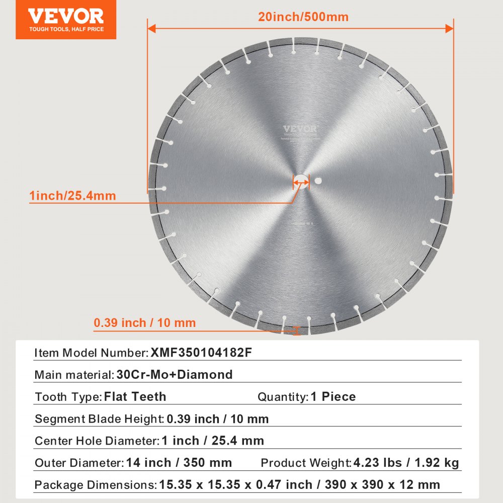 VEVOR Disco de Corte de Diamante 350 mm Disco de Diamante Húmedo o Seco Hoja de Sierra con Dientes Planos 10 mm Diámetro del Orificio Central Universal 25,4 mm Para Hormigón, Azulejos, Ladrillo