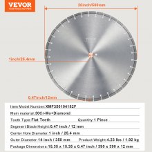 VEVOR Disco de Corte de Diamante 350 mm Dientes Planos de 10 mm para Hormigón