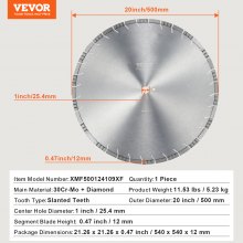 VEVOR Disco de Corte de Diamante 500mm Dientes Inclinados de 12mm para Hormigón