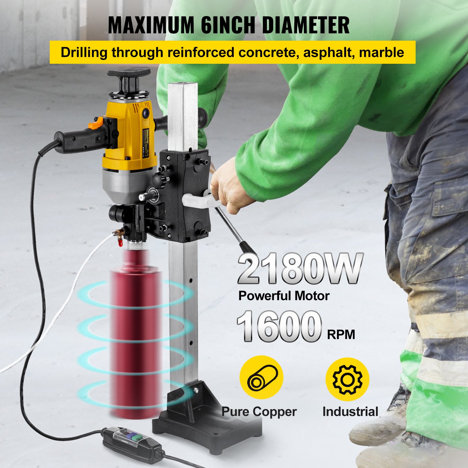 VEVOR Perforadora de Hormigón Diamante 1.980 W Taladro de Columna Profesional 220 V Máquina Perforadora de Diamante Taladro Percutor con Brocas Taladro de Banco, Diámetro Máximo de Perforación 160 mm