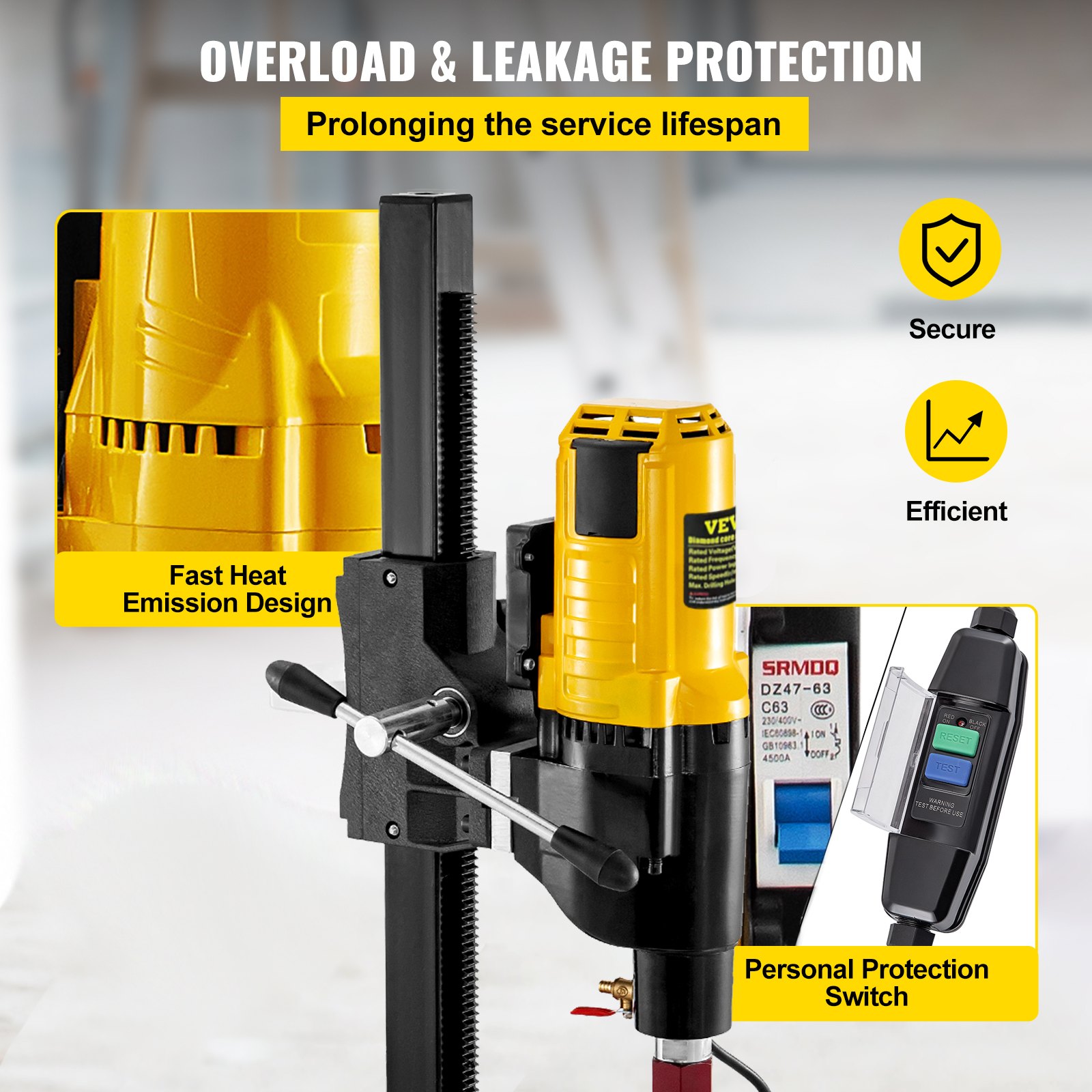 VEVOR Perforadora de Hormigón Diamante 4.800 W Taladro de Columna Profesional 220 V Máquina Perforadora de Diamante Taladro Percutor con Brocas Taladro con Rueda, Diámetro Máximo de Perforación 305 mm