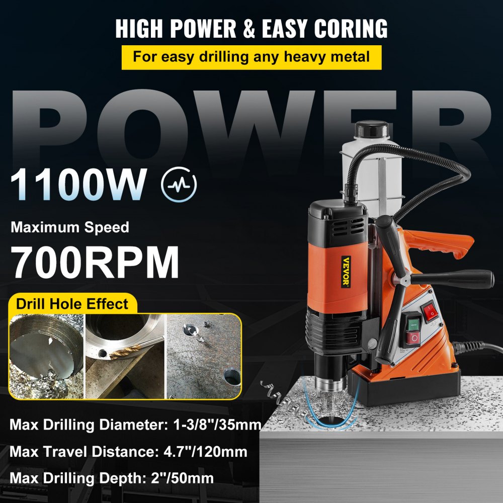 VEVOR Taladro de Base Magnética 10,000 N / 1100 W / ST-36 Velocidad de 700 RPM