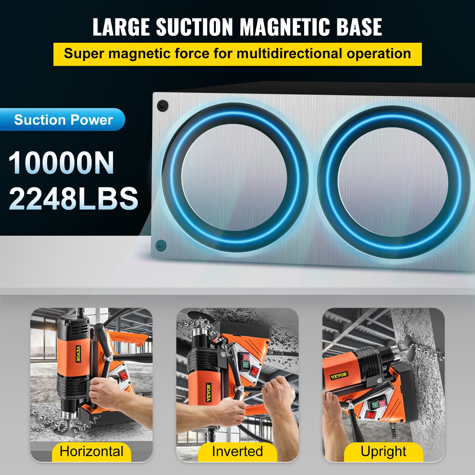 VEVOR Taladro de Base Magnética 10,000 N / 1100 W / ST-36 Velocidad de 700 RPM
