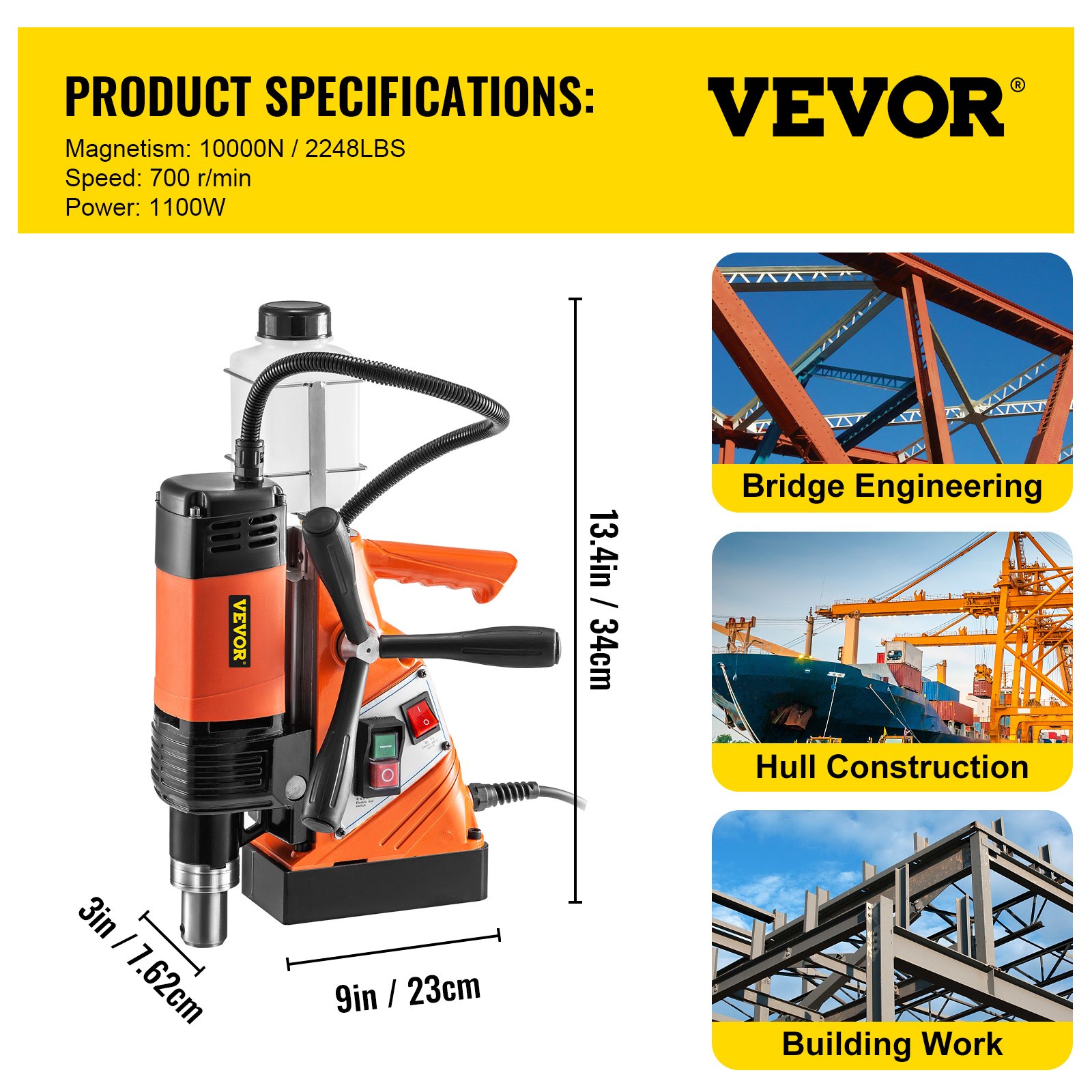 VEVOR Taladro de Base Magnética 10,000 N / 1100 W / ST-36 Velocidad de 700 RPM